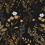 XRUIBZI Black Floral Wallpaper Peel and Stick Wallpaper Leaf Wallpapers Gold Leaf Contact Paper for Cabinets Waterproof Self Adhesive Wall Paper for Kitchen Countertop Wall 17.5' x 118'