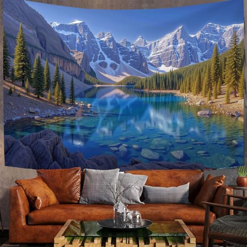 Tapiz de pared de paisaje de bosques de pinos y lagos, tela decorativa azul, 150x130cm