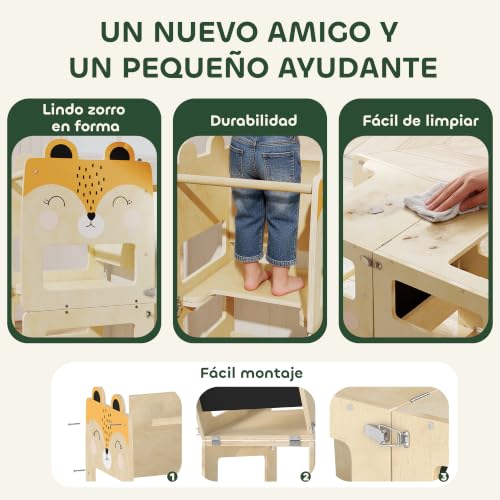 Miniatura 6 de Aiyaplay Torre De Aprendizaje 3 En 1 Plegable, Convertible En Escritorio Y Silla, Taburete De Aprendizaje Para Niños De 2-5 Años Con Pizarra, Dibujos De Zorros, Para Baño, Cocina, Natural