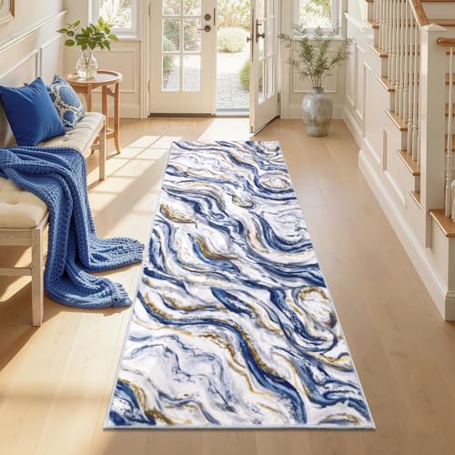 Yamaziot 2x6 Washable Runner Rug for Kitchen Hallways, Modern Abstract Non-Slip Rug with Rubber Backing, Stain Resistant & Low Pile Carpet Runner for Bedroom, Laundry, Entrance,Blue