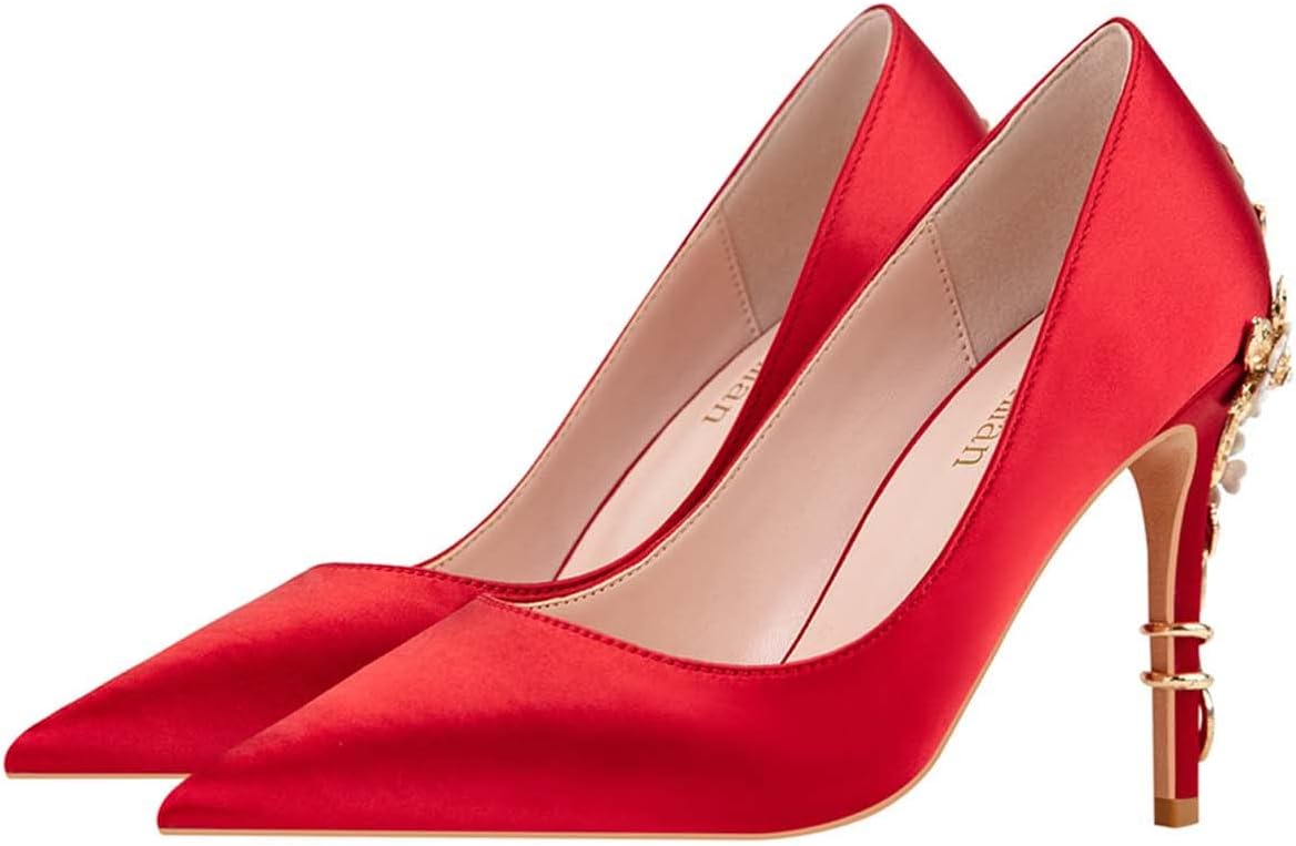 JOEupin High Heels Womens Pointed Toe Heels Satin Pumps Stiletto Bridal Party Dress Evening Wedding Shoes for Woman