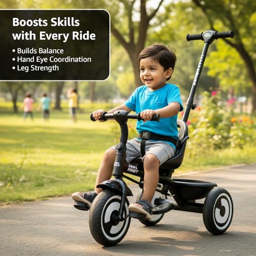 Image of Amazon Brand - Jam & Honey Tricycle for Kids | Seatblet, Parental Handle, & Storage Basket | ISI & BIS-Compliant | for Boys and Girls 2 to 4 Years | 73 x 46 x 90 cm | Black