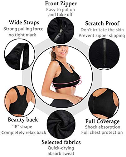 DODOING Zip Front Sports Bra Post Surgery Bra Yoga Bra Workout Fitness Activewear Racerback Padded Bras for Women