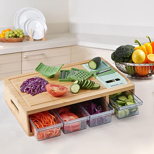 Bamboo Cutting Board With Containers, Lids, Graters, Kitchen Cutting Board Set, Multifunctional Chopping Boards Set With Graters, Juice Grooves, Easy-Grip Hollow Handle, With Colourful Box #TOP5