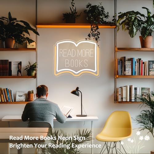 Image of Read More Books Neon Sign, Dimmable LED Reading Neon Light USB Powered for Library Classroom Bookstore Decor, Reading Room Wall Sign for Study Room Bookshelf, Book Lover Gift (Warm White)