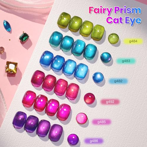 Image of Beetles Neon Cat Eye Gel Nail Polish Set - Fairy Prism 6 Colors Summer Glitter Cat Eye Gel Polish Kit Red Green Blue Pink Purple Magnetic Shine Soak Off UV Salon DIY Manicure Gift for Women