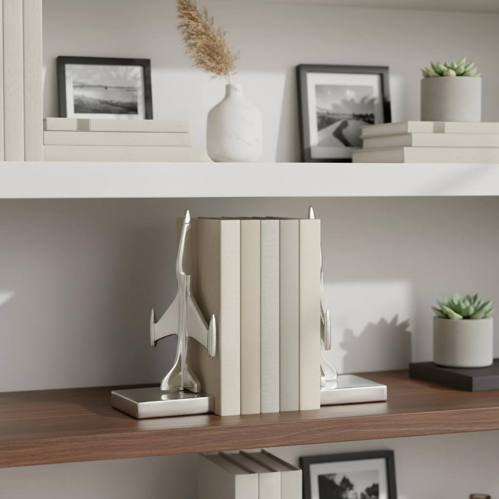 Decorative Metal Airplane Book Ends - Artistic Book Accessories for Home Library or Bookshelf Accessories - Modern Bookends for Office Spaces, Desk Decor, or Bedroom Decoration - Set of 2, 9", Silver