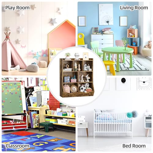 GarveeHome Rustic Brown Toy Storage Cabinet, Three-Tier Kids Bookshelf and Bookcase for Storage Books and Toys, Multi Shelf with Cubby Organizer for Bedroom and Playroom