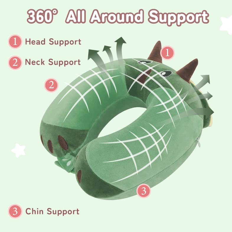 Image of Kids Travel Neck Pillow for Ages 3-8 with Memory Foam, Dinosaur | Removable cover, 13 in neck size, machine washable, hidden zipper, head and chin support, car seat and airplane use