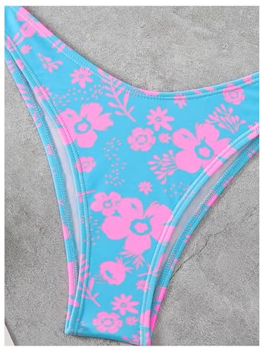 SHENHE Women's 2 Piece Strapless Swimsuit U Wire Floral Tie Back Ruched Bandeau Bikini with Thong Set4