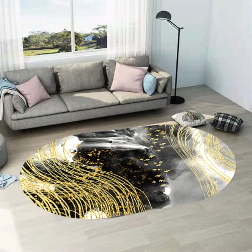 Tapis Moderne Antidérapant De Créateur Ovale, Lavable Durable Grande Tapis Déco Salon Chambre Maison Tapis, Tableau Paysage Abstrait Lignes Dorées,120 x 160 cm Cover