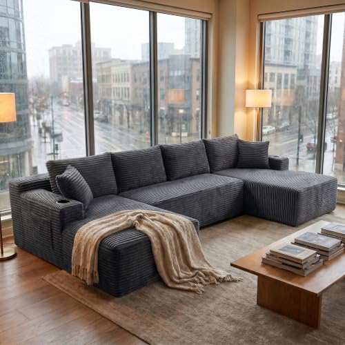 Image of 125 Inch Modular Sectional Sofa, Cloud Couch Oversized U Shaped Corduroy Sofa with Storage & Cupholders, Modern Deep Seat Boneless Couches for Living Room, No Assembly Required, Dark Grey