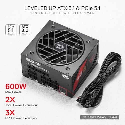 Image of Redragon RGMS-850W PRO 80+ Gold 850 Watt Power Supply w /Upgraded ATX 3.1 & PCIe 5.1 Fully Modular, Compact 150mm Size, Smart ECO Low Noise Fan, 100% Japanese Capacitors, Full Mod Cables