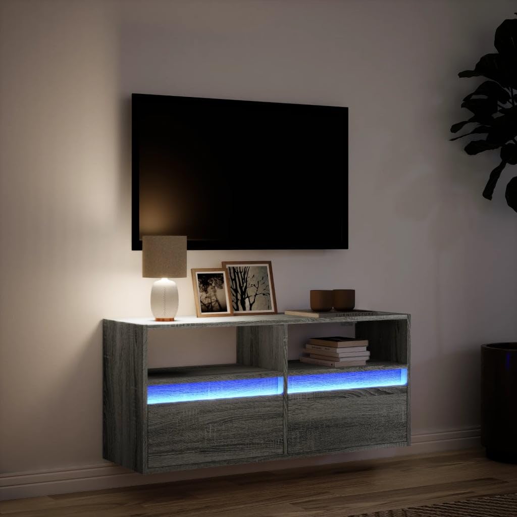 Mueble de TV Sonoma gris de madera con iluminación LED, 100 x 31 x 45 cm, 2 cajones, 2 estantes, montado en la pared, ahorra espacio para sala de estar y cine en casa