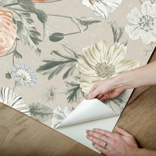 RoomMates RMK12281PL Vintage Poppy Peel and Stick Wallpaper, 20.5 in x 18 ft
