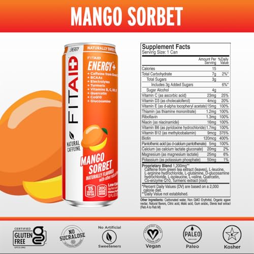 FITAID ENERGY, 200mg Natural Caffeine, Keto, Mango Sorbet, Optimum Performance Formula: BCAAs, Quercetin, Electrolytes, Omega-3s, 15 calories, Paleo, Vegan & Gluten-Free 12 Fl Oz (Pack of 12) - Thumbnail 2