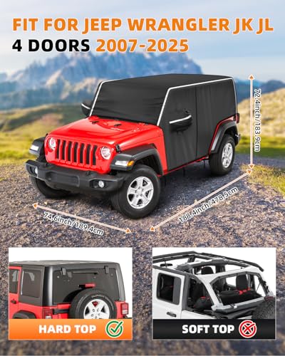 Image of Waterproof Cab Covers Fit for Wrangler 2007-2025 JK JKU JL JLU 4 Door, Scratchproof Inner Cotton Car Cover with Driver Door Zipper Windproof Straps All Weather UV Protection