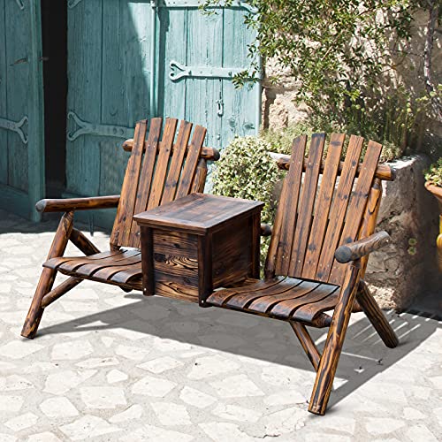 Outsunny Double Wooden Adirondack Chair with Ice Bucket, Outdoor Loveseat with High Backrest, Smooth Armrest, Rustic Brown - Image 3