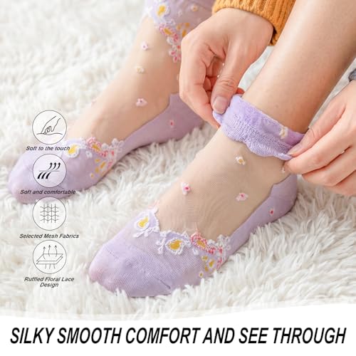 Image of 5 Pack Flower Sheer Socks for Women Ruffle Lace Ankle Socks