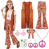 Cuteshower Girl Hippie Costume 70s 60s Hippie Outfits for Girls Halloween Cosplay Party (Brown, 9-10 Years)