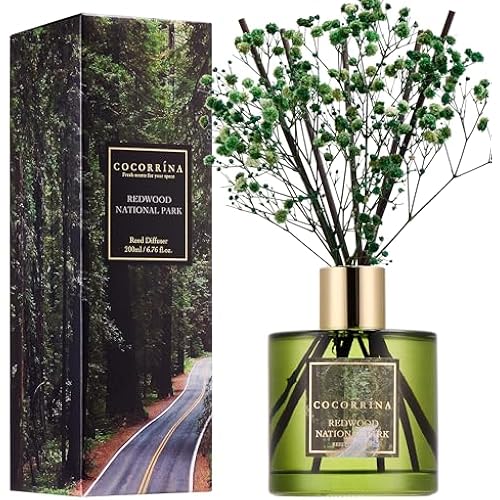 COCORRÍNA Reed Diffuser - Redwood National Park 6.7 Fl.oz Reed Diffuser Set with 8 Sticks & Preserved Baby's Breath, Reed Diffuser for Home Bathroom Shelf Decor