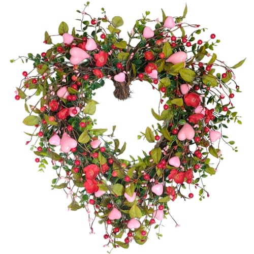 idyllic 22 Inch Valentine Heart-Shaped Wreath, Pink Flower Heart Berry Green Leaf Decor for Front Door Window Wall Porch Indoor Mantel Wedding Anniversary Dinner Gift