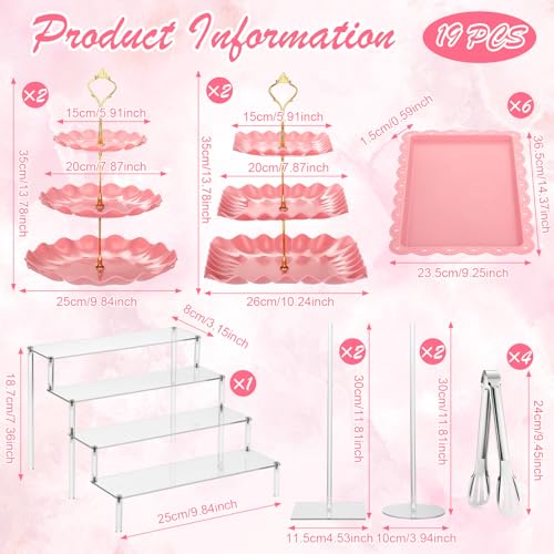 LemonRoad 19 Pcs Cupcake Stand Holder, Dessert Table Display Set, Tiered Cupcake Holders Cake Serving Tray and Cake Clips for Tea Party Wedding Baby Shower Decorations(Clear and Pink) by LemonRoad - Image 2