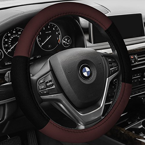 Image of FH Group Universal Fit Modernistic and Seat Belt Pads Combo Set Steering Wheel Cover Fits Most Cars, SUVs Burgundy
