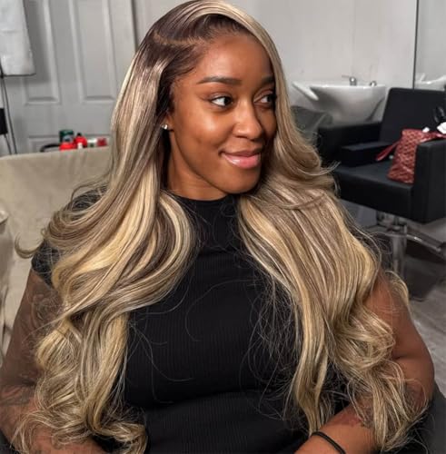 Rina 13x6 Ombre Milk Tea Ash Blonde with Brown Highlights Lace Front Wig Human Hair 210% Density Upgreads Ombre Roots Ash Blonde Highlights Brown Wigs Pre Plucked 13x6 Hd Lace Wig for Women 26 Inch