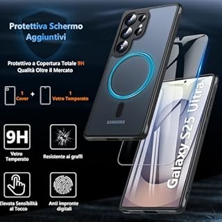 Hensinple Magnetica Cover per Samsung Galaxy S25 Ultra con Vetro Temperato, Compatibile con MagSafe, Custodia Samsung S25 Ultra Antiurto Traslucida Opaca Posteriore Sottile Resistente ai Graffi, Nero