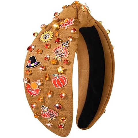 YAHPERN Thanksgiving Fall Headband for Women Beaded Pumpkin Turkey Maple Leaf Knotted Headband Jeweled Pearl Rhinestone Top Knot Headband Autumn Fall Accessories Outfits Holiday Gifts Cover