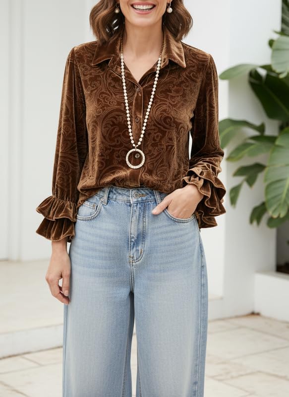 Velvet Shirts for Women Vintage Ruffle Sleeve Lapel Dressy Casual Floral Graphic Blouse Tops - Image 2