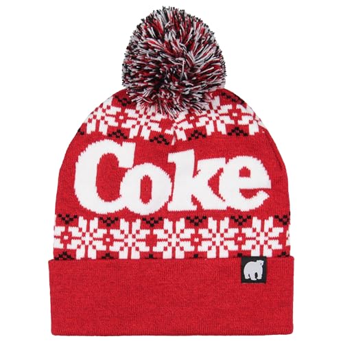 Coca-Cola Beanie Hat Coca-Cola Coke Fair isle Sweater Knit Polar Bear Logo Patch Folded Cuff Pom Beanie Hat Cap
