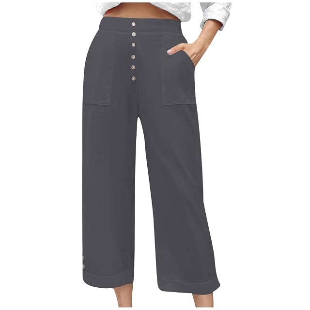 Womens Cropped Wide Leg Pant Stretch High Waist Button Petite Straight Leg Pant Loose Casual Work Trouser with