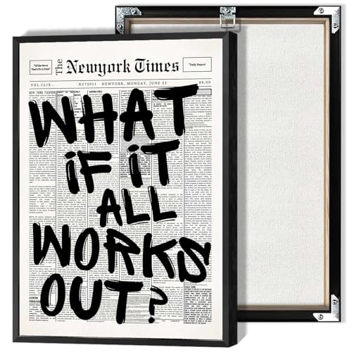 Image of Retro Black And White Newspaper Poster What If It All Works Out Canvas Wall Art Positive Affirming Quote Minimalist Prints Painting For Home Bedroom Dorm Wall Decor 12x18in Framed
