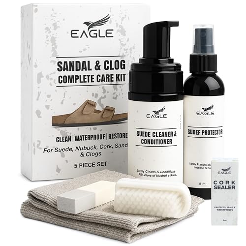 Eagle Sandal & Clog Care Kit Compatible with Birkenstock Suede Cleaner & Conditioner Protector Cork Renew Brush Eraser & Microfiber Cloth 6-Piece Complete Shoe Cleaning Set