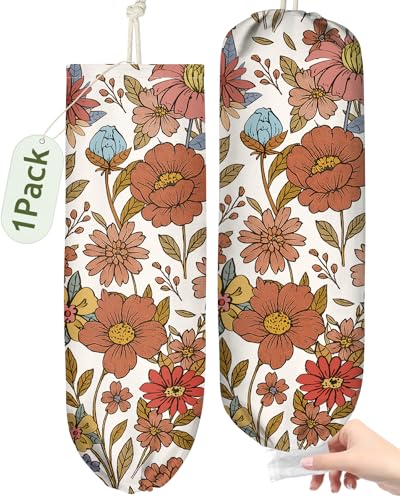 Kokaaee Plastic Bag Holder Organizer - 1 Pack Reusable Canvas Grocery Bags Holder Hanging Wall Cute Aesthetic Shopping Bag Storage Dispenser with Drawstring Closure for Kitchen Home, Retro Flower