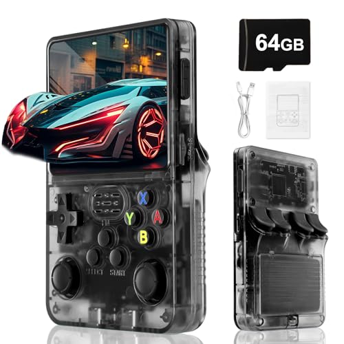 Blidinner R36S Retro Konsole – Ausgestattet mit Open Source Linux,langlebigem 3000 mAh,64GB TF Karte,über 20000 Spielen,3,5-Zoll-Bildschirm,tragbare Handheld-Spielkonsole für Jugendliche,schwarz