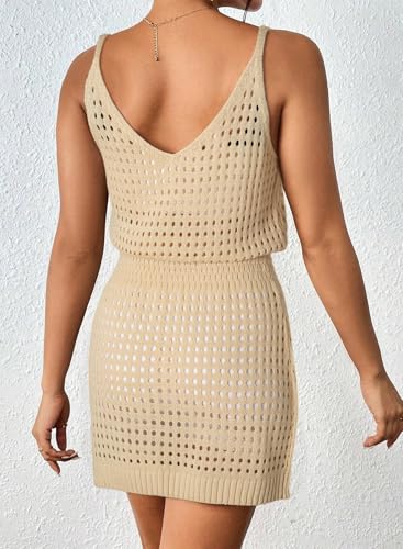 Dokotoo Women's Swimwear Cover Ups 2025 Summer Scoop Neck Sleeveless Bathing Suit Crochet Hollow Out Spaghetti Straps Resort Wear Outfits Beach Dresses for Women Apricot Large - Image 2
