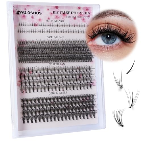 Kit de racimos de pestañas: 404 pestañas individuales multitipo, pestañas inferiores naturales mixtas, pestañas de volumen, ventiladores de picos 7D, kit de extensión de pestañas en racimo 20D