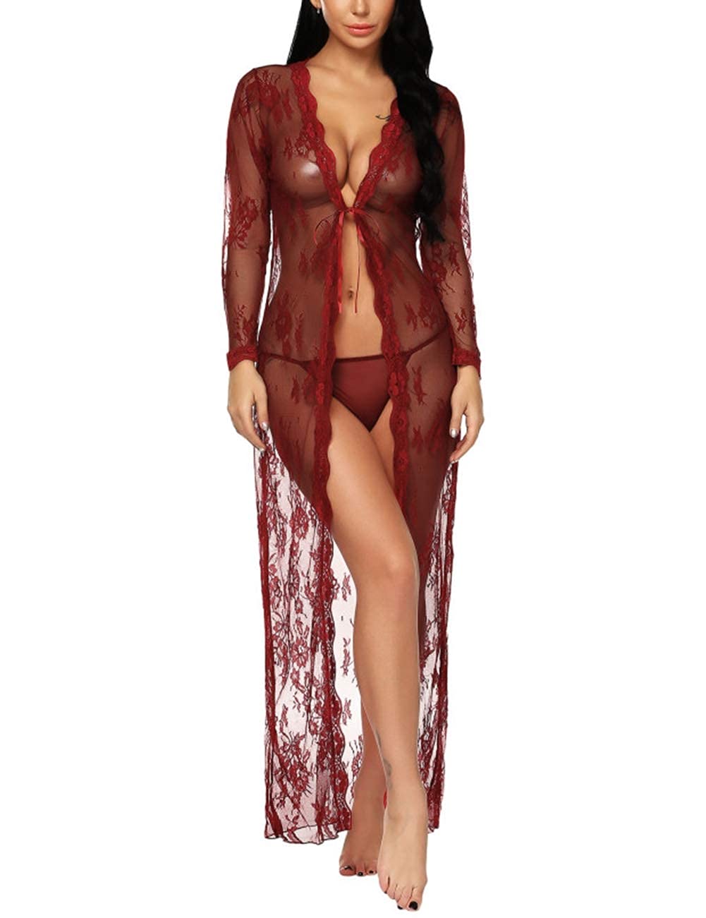 Women Sexy Lingerie Robe See Through Nightwear Long Lace Dress Kimono Cardigan