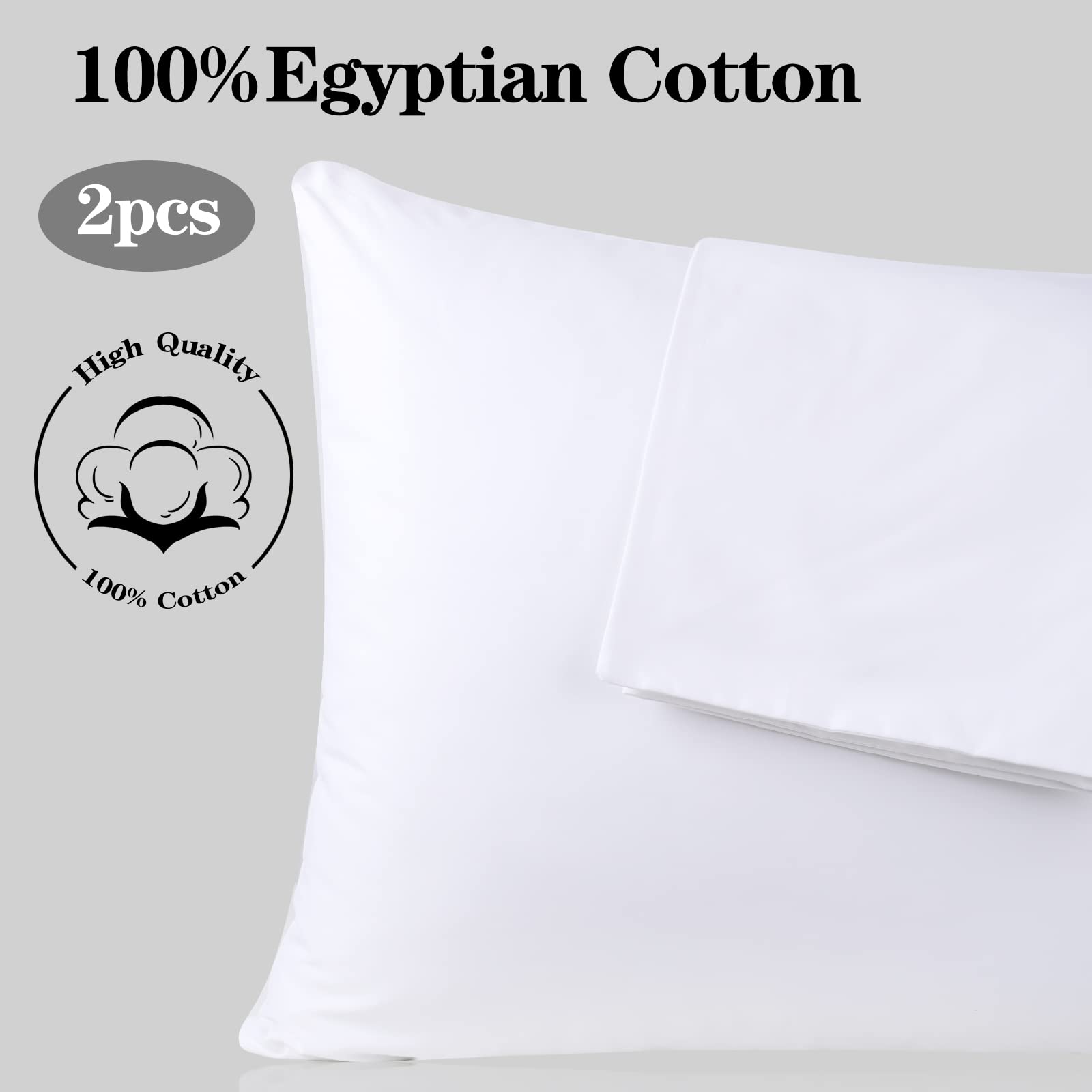 Juego de Protectores de Almohada 100% algodón Egipcio Queen de 2600 Hilos, Tejido de satén Blanco, Fundas de Almohada de fácil Cuidado con Cremallera (2 Unidades, Color Blanco
