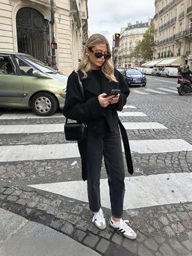 utcoco Womens Cropped Wool Coats Belted Double Breasted Pea Coat Short Jacket Notched Lapel Trench Coat with Pockets4