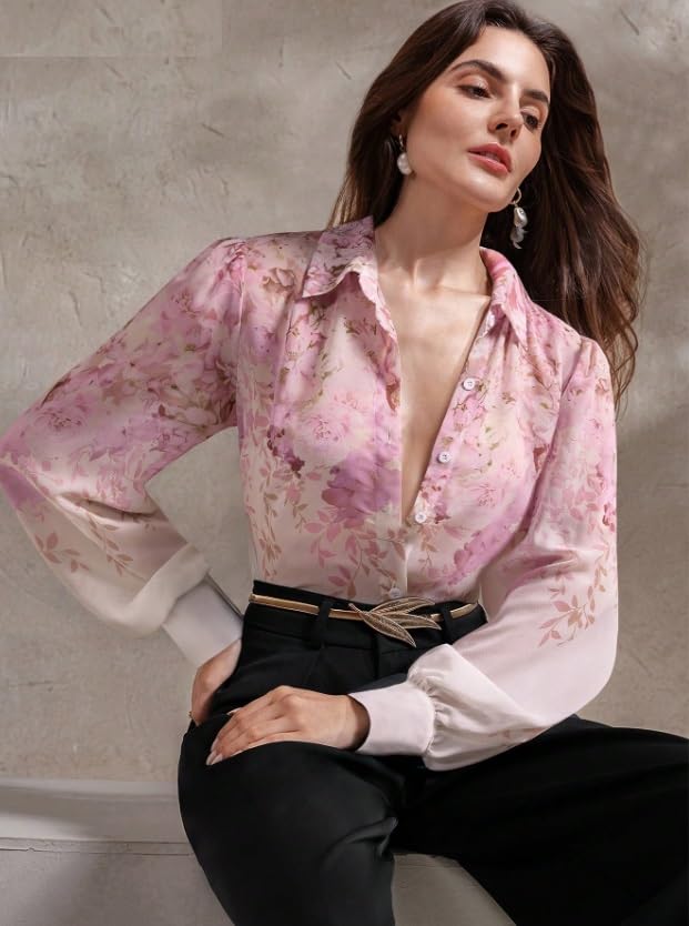 Image of Women Shirt || Women Top ||Autumn Leaves Print Polo Collar Shirt, Casual Long Sleeve (S-22-25)
