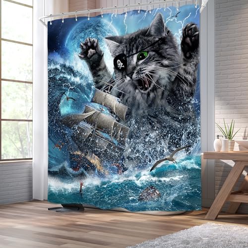 Image of Funny Cat Pirate Ship Nautical Shower Curtain Ocean Waves 72Wx72H Inch Decor