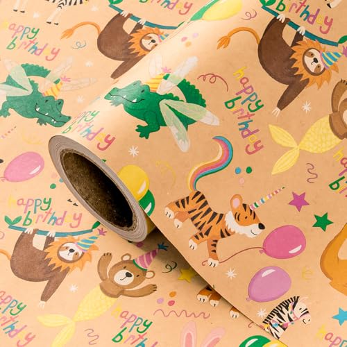 WRAPAHOLIC Kraft Animal Birthday Wrapping Paper Roll - Mini Roll - 17 Inch x 16.5 Feet - Animal Happy Birthday Wrapping Paper Perfect for Kids, Baby Shower