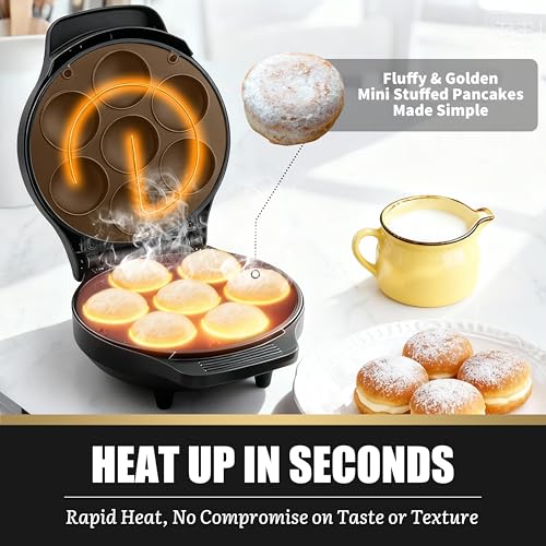 Image of FineMade Mini Stuffed Pancakes Maker, Electric Ebleskiver Poffertjes Maker Pan, Danish Pancakes Maker, Cake Pop Maker, Bake 7x 2'' Ebelskivers without any Flipping operation