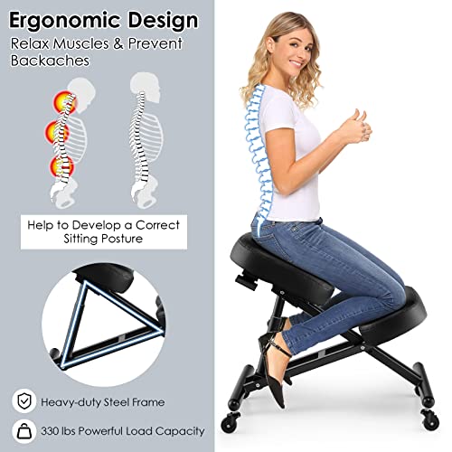 Goplus Ergonomic Kneeling Chair, Height Adjustable Stool With Thick Memory Foam Cushions & Brake Gliding Casters, Upgraded Gas Spring Rod, Angled Seat, Posture Chair For Desk, Office, Home #TOP3