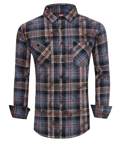 Alex Vando Mens Flannel Shirts Snow Washed Regular Fit Long Sleeve Casual Button Down Shirt,Blue/Brown,XL