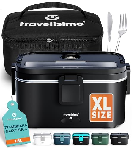 TRAVELISIMO - Fiambrera Electrica Extra Grande 1,8L - Taper Electrico para Comida 100W - Fiambrera Termica 3 en 1 12V/24V/220V - Fiambreras Comida Trabajo para Coche, Camión - Acero Inoxidable
